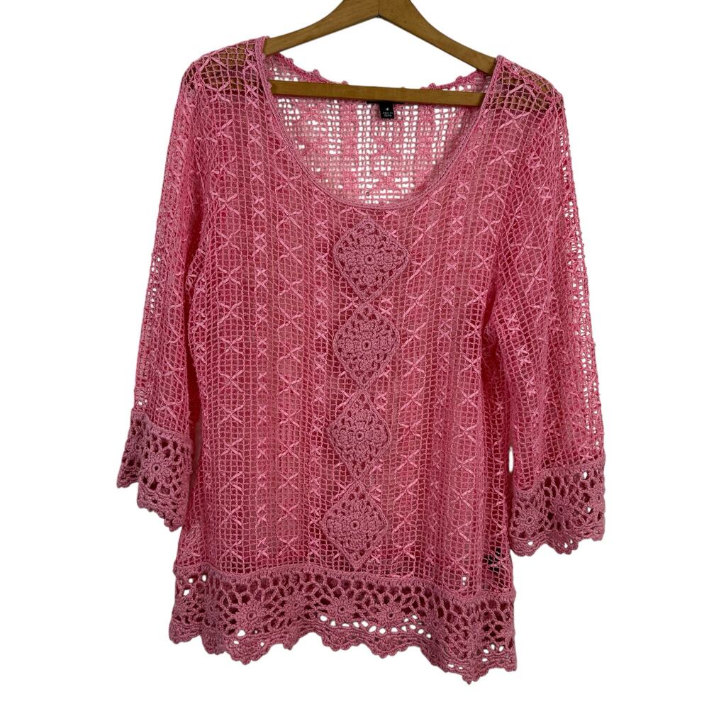 Lisa International Women Sz Medium Pink Crochet Open Knit Sheer Top Boho Beachy